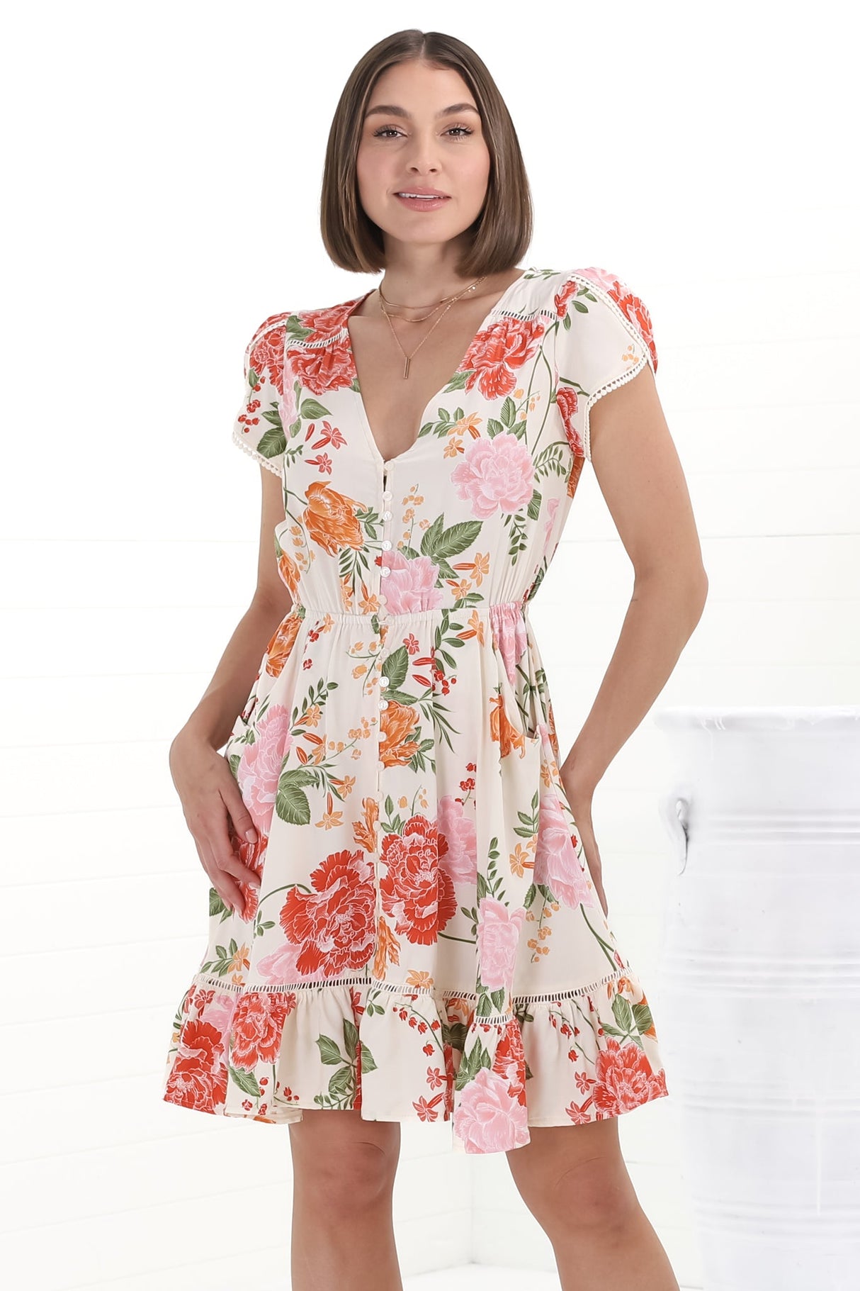 JAASE - Lizzie Mini Dress: Butterfly Cap Sleeve Button Down Dress with Pockets in Verbena Print