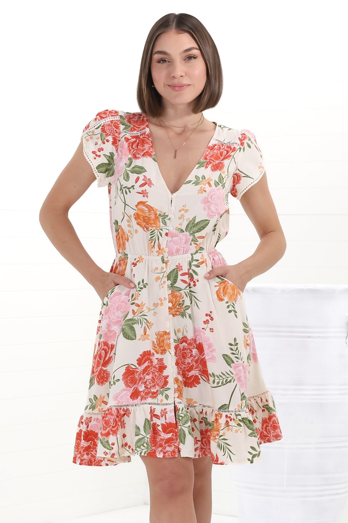 Lizzie Mini Dress - Butterfly Cap Sleeve Button Down Dress with Pockets in Verbena Print