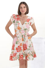 Lizzie Mini Dress - Butterfly Cap Sleeve Button Down Dress with Pockets in Verbena Print