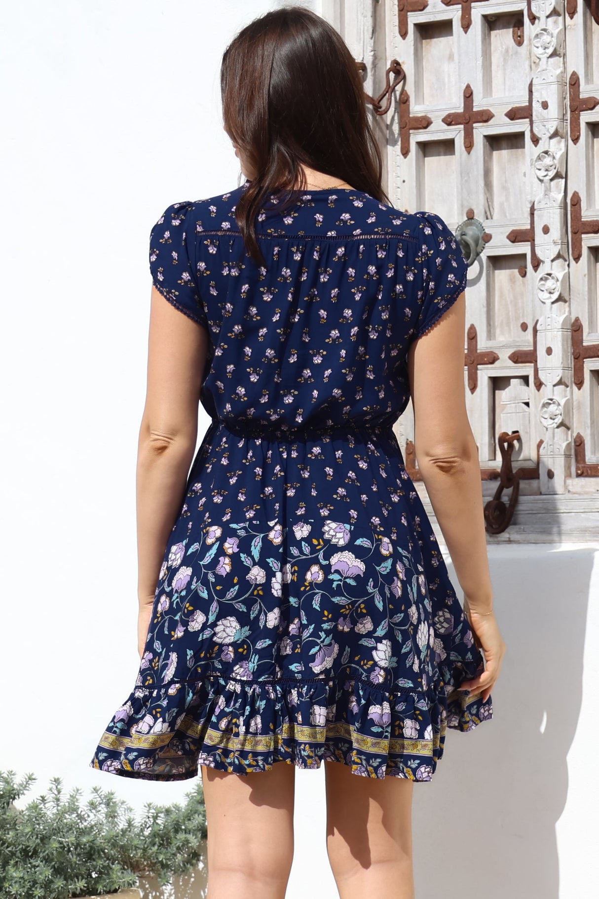 JAASE - Lizzie Mini Dress: Butterfly Cap Sleeve Button Down Dress with Pockets in Wild Indigo Print