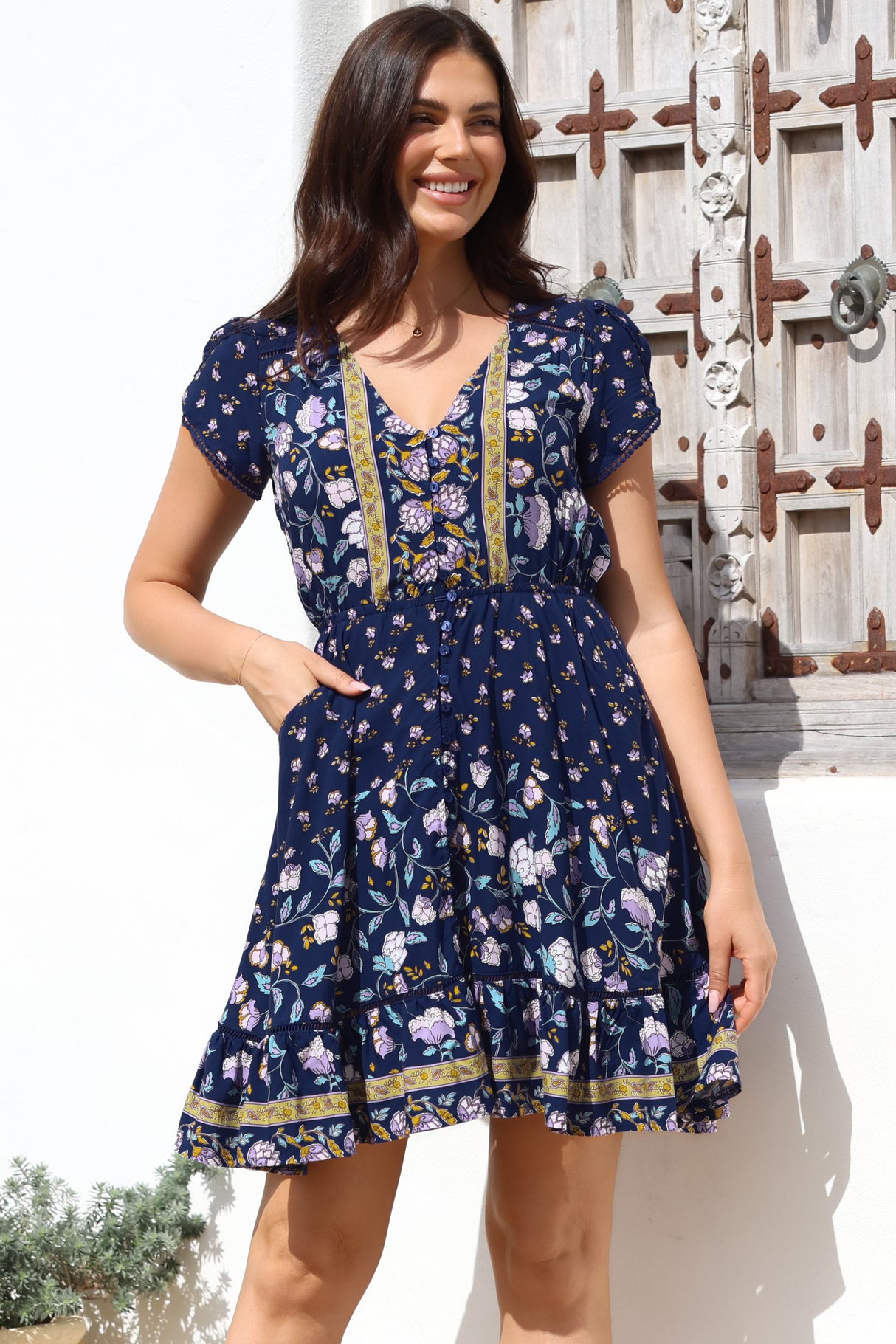 JAASE - Lizzie Mini Dress: Butterfly Cap Sleeve Button Down Dress with Pockets in Wild Indigo Print