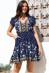 JAASE - Lizzie Mini Dress: Butterfly Cap Sleeve Button Down Dress with Pockets in Wild Indigo Print
