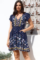 JAASE - Lizzie Mini Dress: Butterfly Cap Sleeve Button Down Dress with Pockets in Wild Indigo Print