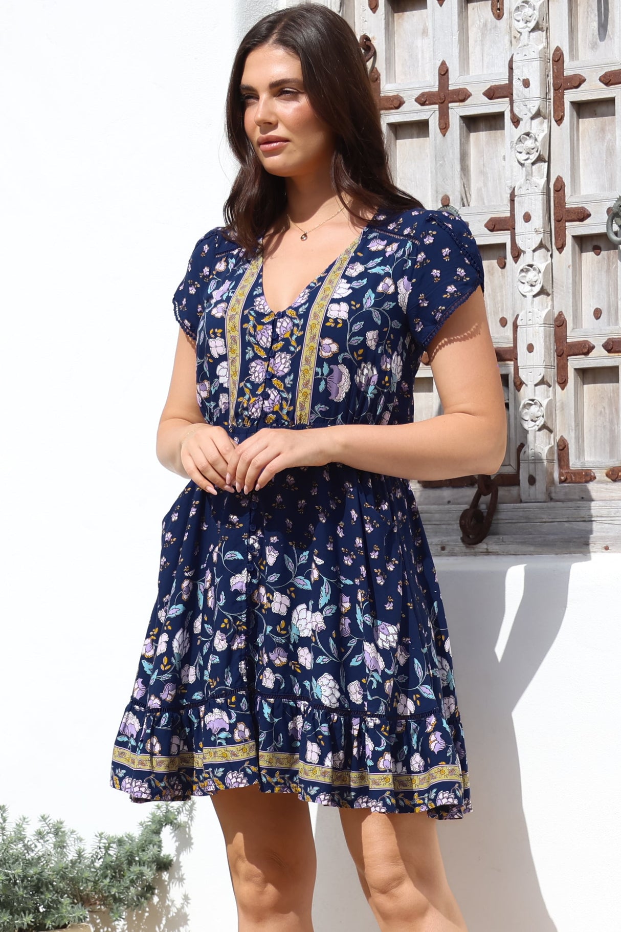 JAASE - Lizzie Mini Dress: Butterfly Cap Sleeve Button Down Dress with Pockets in Wild Indigo Print