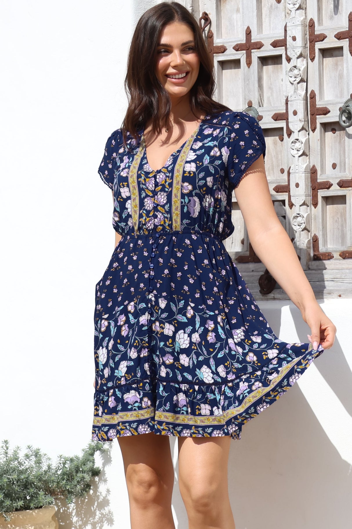 JAASE - Lizzie Mini Dress: Butterfly Cap Sleeve Button Down Dress with Pockets in Wild Indigo Print