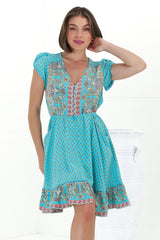 Lizzie Mini Dress - Butterfly Cap Sleeve Button Down Dress with Pockets in Atlantis Print