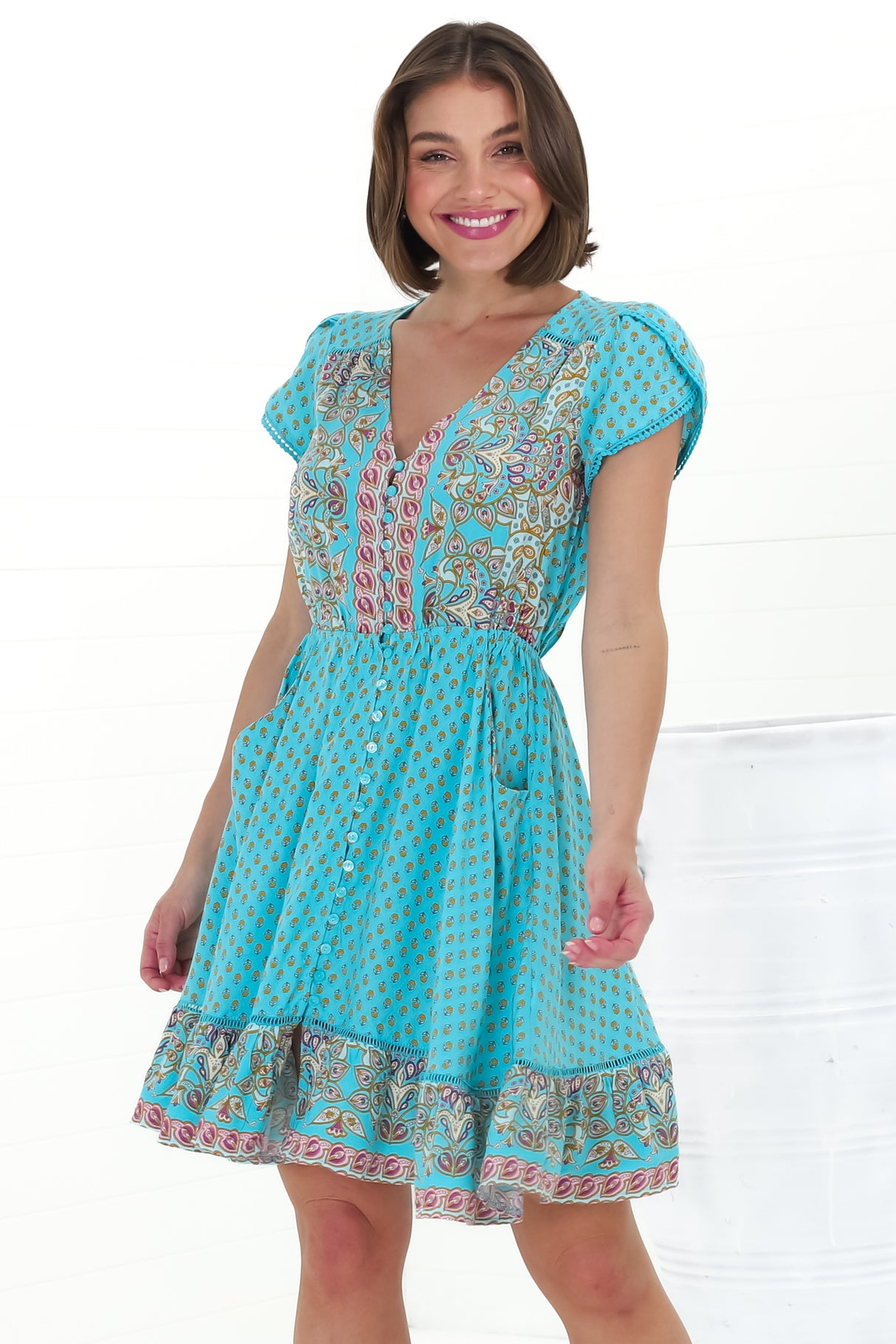 JAASE - Lizzie Mini Dress: Butterfly Cap Sleeve Button Down Dress with Pockets in Atlantis Print