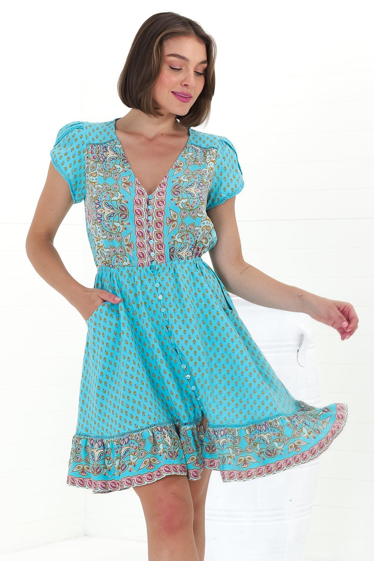 JAASE - Lizzie Mini Dress: Butterfly Cap Sleeve Button Down Dress with Pockets in Atlantis Print