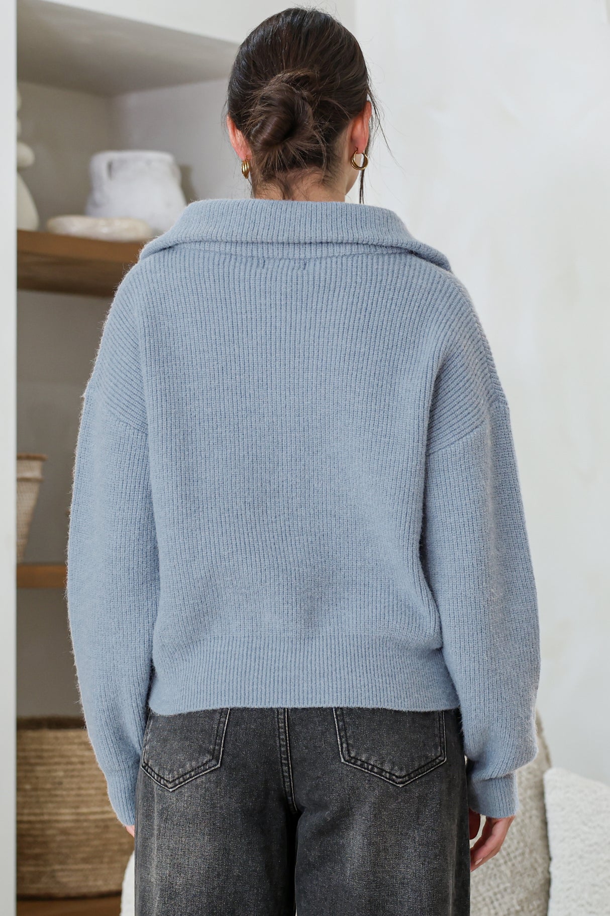 Logan Cardigan - Zipper Front Ribbed Knit with Wing Collar in Blue