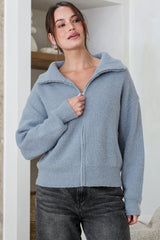 Logan Cardigan - Zipper Front Ribbed Knit with Wing Collar in Blue