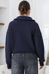 Logan Cardigan - Zipper Front Ribbed Knit with Wing Collar in Navy