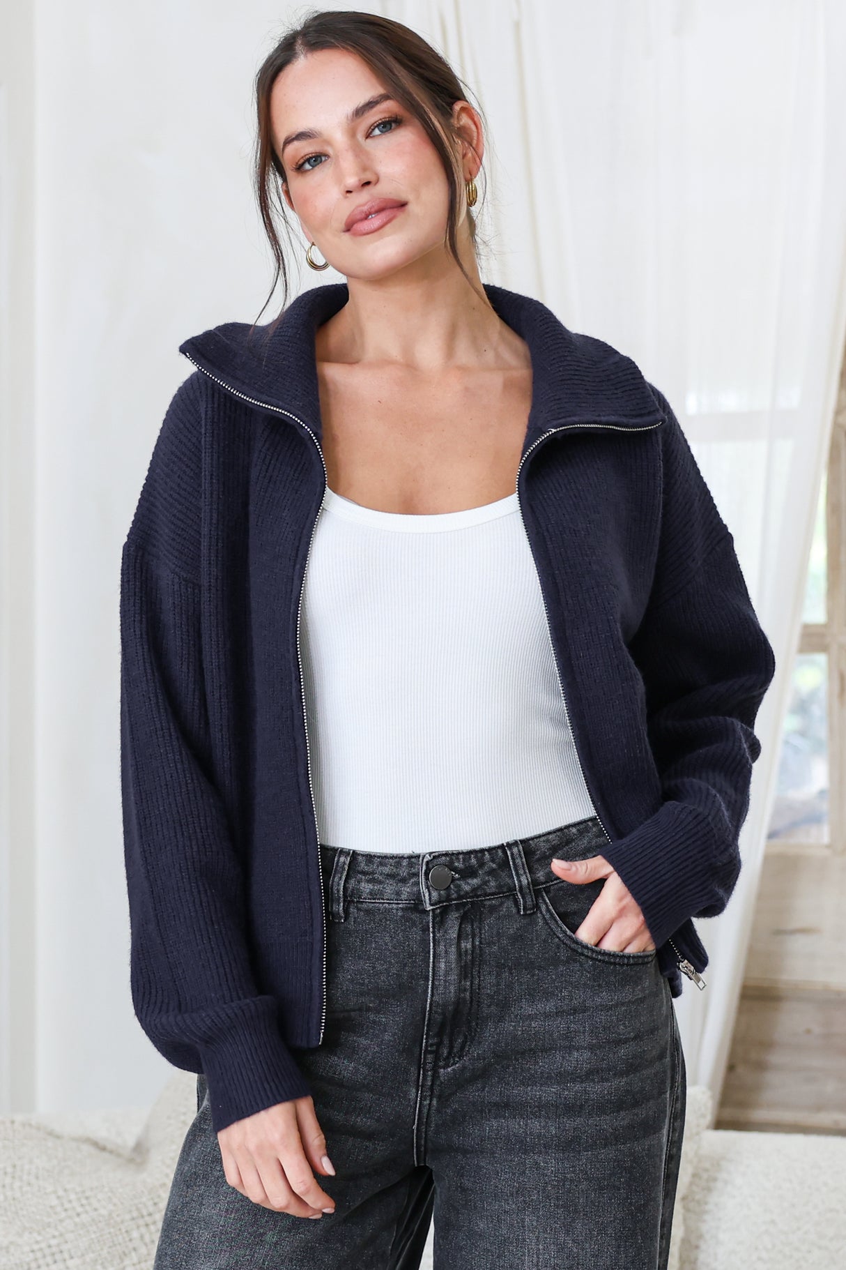 Logan Cardigan - Zipper Front Ribbed Knit with Wing Collar in Navy