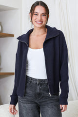 Logan Cardigan - Zipper Front Ribbed Knit with Wing Collar in Navy