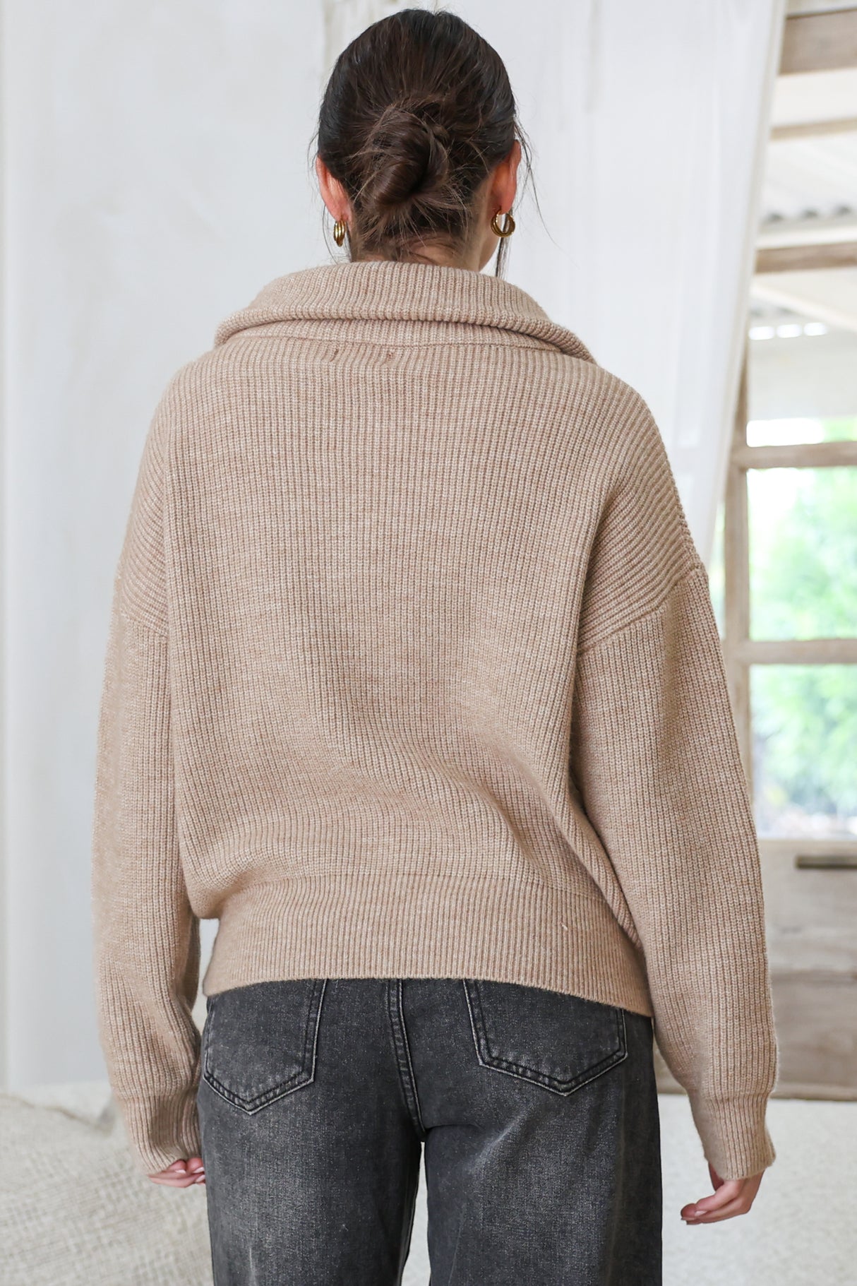 Logan Cardigan - Zipper Front Ribbed Knit with Wing Collar in Taupe