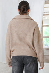 Logan Cardigan - Zipper Front Ribbed Knit with Wing Collar in Taupe