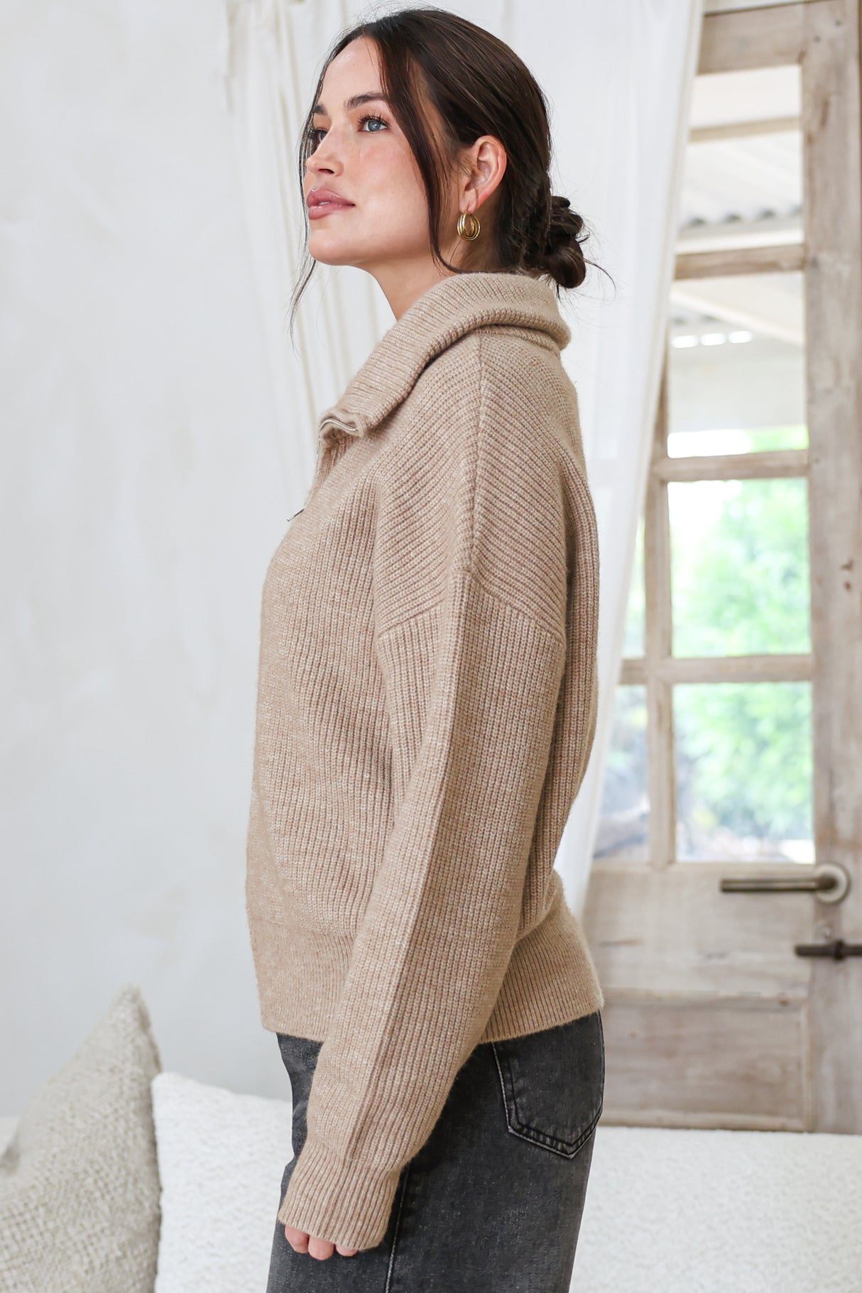 Logan Cardigan - Zipper Front Ribbed Knit with Wing Collar in Taupe