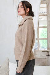 Logan Cardigan - Zipper Front Ribbed Knit with Wing Collar in Taupe