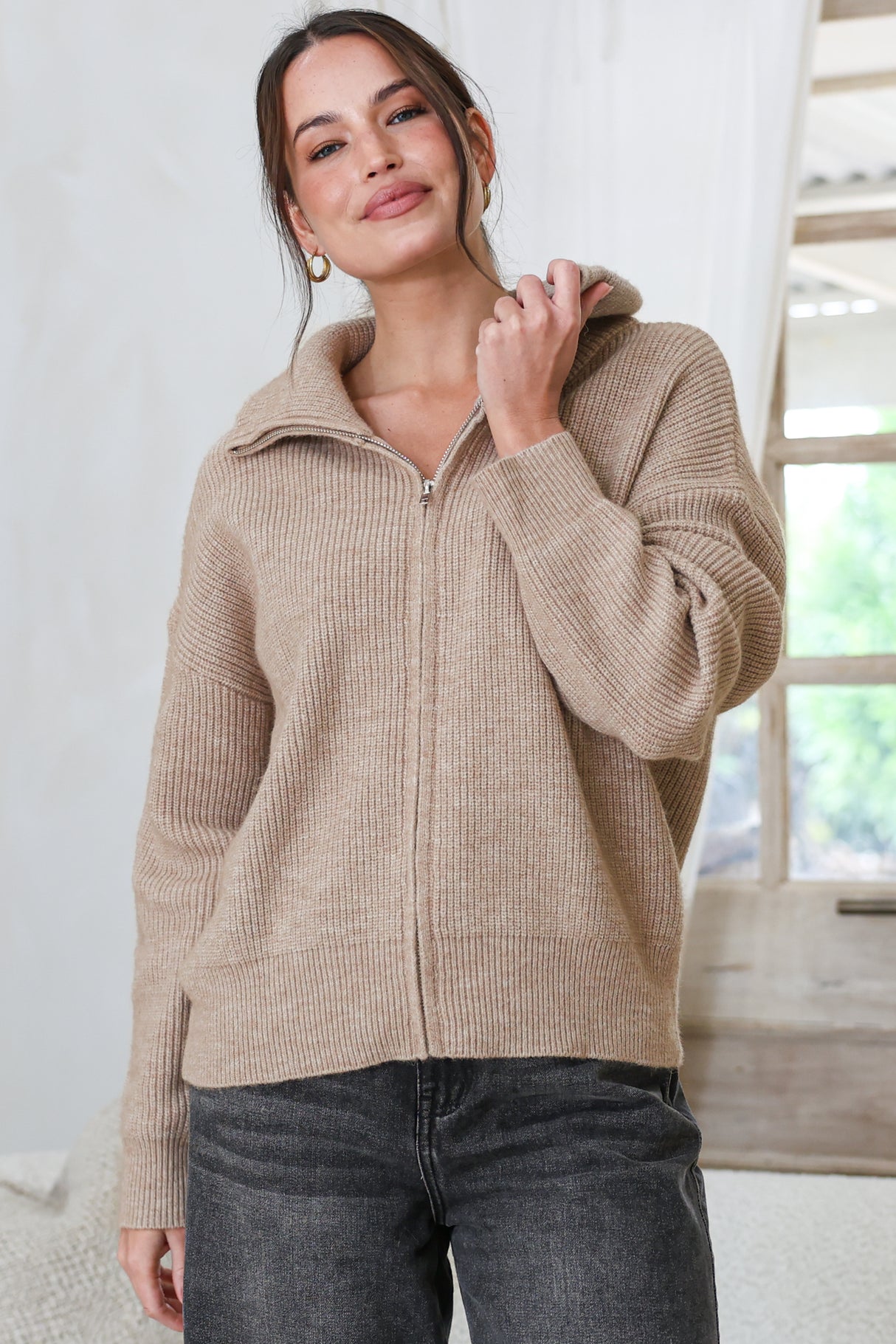 Logan Cardigan - Zipper Front Ribbed Knit with Wing Collar in Taupe