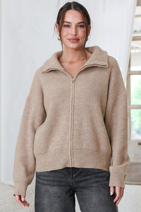 Logan Cardigan - Zipper Front Ribbed Knit with Wing Collar in Taupe