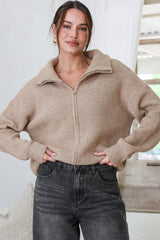 Logan Cardigan - Zipper Front Ribbed Knit with Wing Collar in Taupe