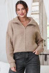 Logan Cardigan - Zipper Front Ribbed Knit with Wing Collar in Taupe