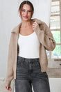 Model wearing Logan Cardigan in Taupe from Salty Crush