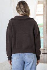 Logan Cardigan - Zipper Front Ribbed Knit with Wing Collar in Coffee
