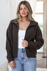Logan Cardigan - Zipper Front Ribbed Knit with Wing Collar in Coffee