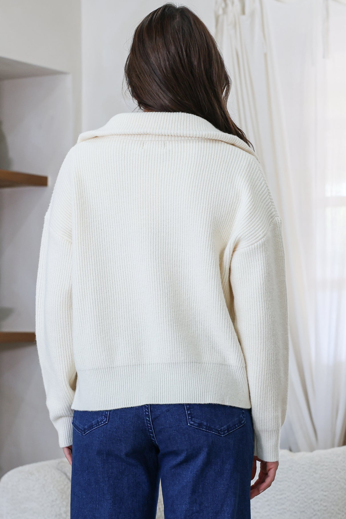 Logan Cardigan - Zipper Front Ribbed Knit with Wing Collar in Cream