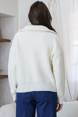 Logan Cardigan - Zipper Front Ribbed Knit with Wing Collar in Cream