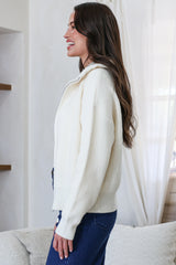 Logan Cardigan - Zipper Front Ribbed Knit with Wing Collar in Cream