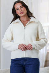 Logan Cardigan - Zipper Front Ribbed Knit with Wing Collar in Cream