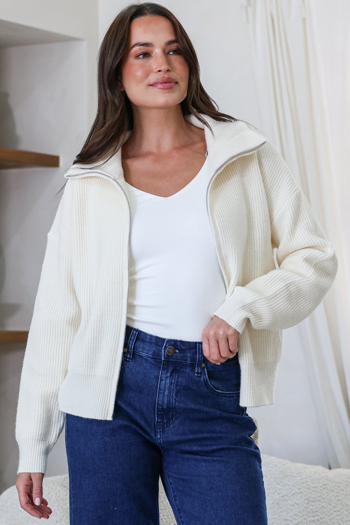 Logan Cardigan - Zipper Front Ribbed Knit with Wing Collar in Cream