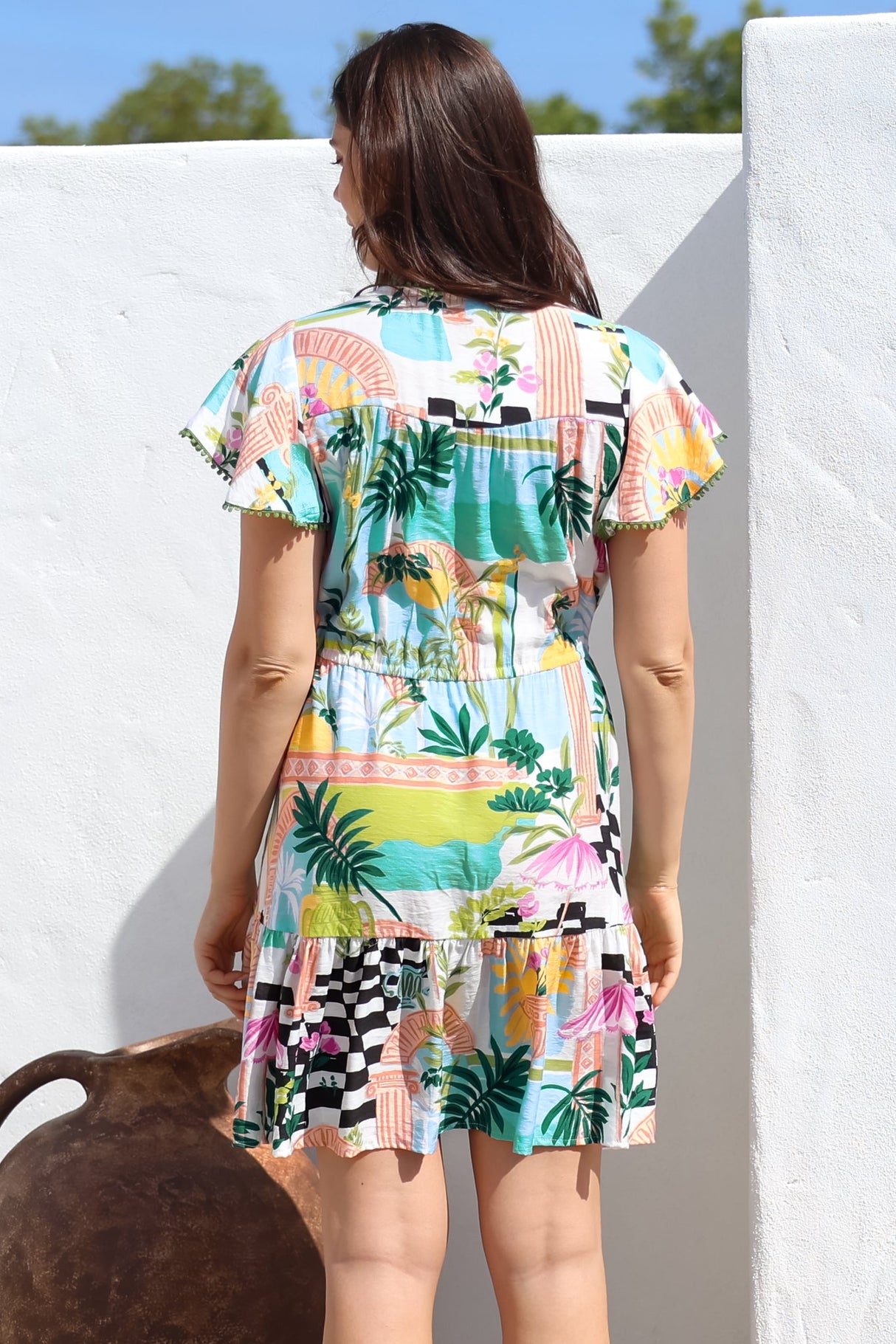 Loisa Mini Dress - Crochet Trim V Neck Dress with Cap Sleeves in Melora Print