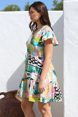 Loisa Mini Dress - Crochet Trim V Neck Dress with Cap Sleeves in Melora Print