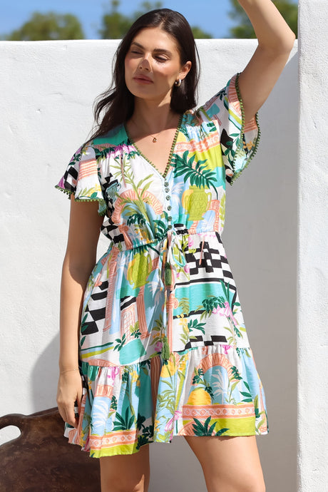 Loisa Mini Dress - Crochet Trim V Neck Dress with Cap Sleeves in Melora Print