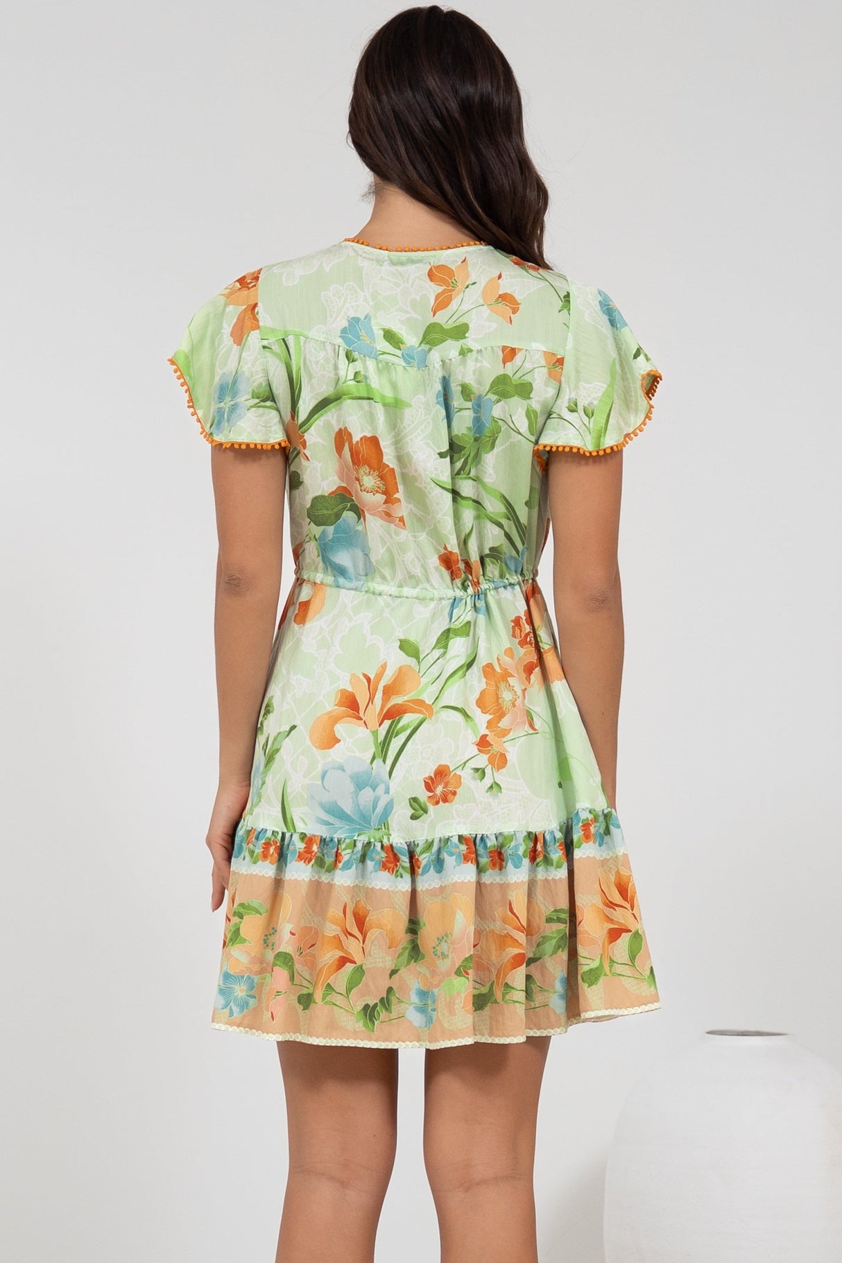 Loisa Mini Dress - Crochet Trim V Neck Dress with Cap Sleeves in Noriko Print