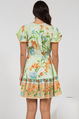 Loisa Mini Dress - Crochet Trim V Neck Dress with Cap Sleeves in Noriko Print