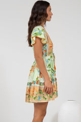 Loisa Mini Dress - Crochet Trim V Neck Dress with Cap Sleeves in Noriko Print