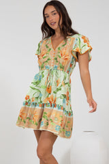 Loisa Mini Dress - Crochet Trim V Neck Dress with Cap Sleeves in Noriko Print