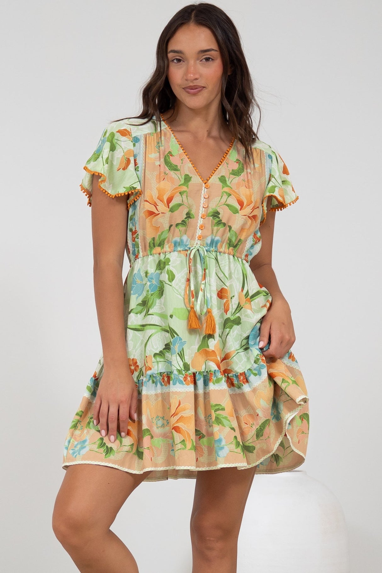 Loisa Mini Dress - Crochet Trim V Neck Dress with Cap Sleeves in Noriko Print
