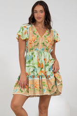 Loisa Mini Dress - Crochet Trim V Neck Dress with Cap Sleeves in Noriko Print