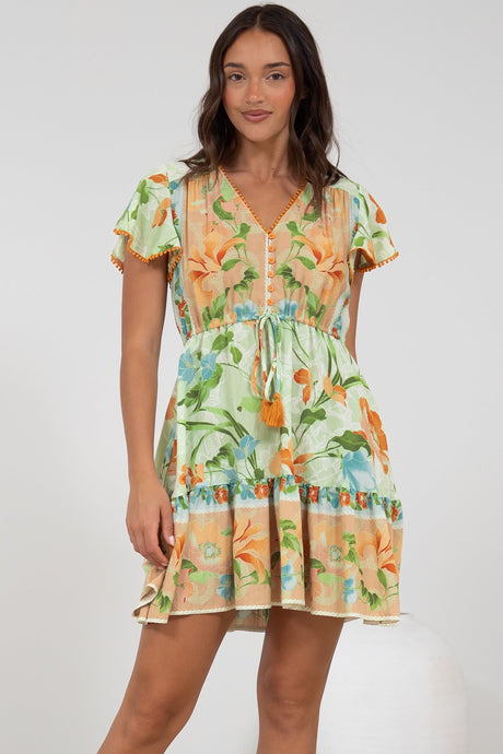 Loisa Mini Dress - Crochet Trim V Neck Dress with Cap Sleeves in Noriko Print
