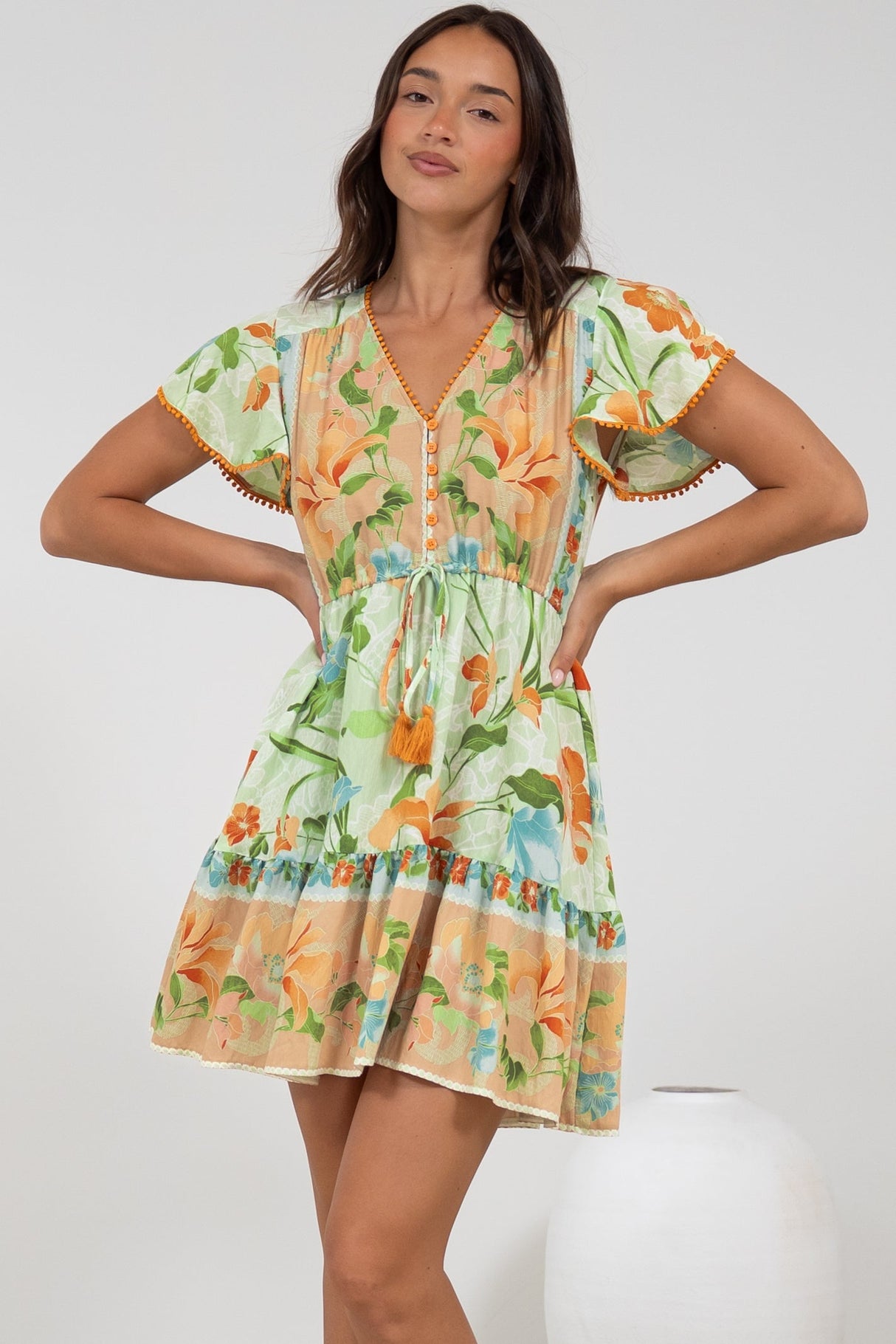 Loisa Mini Dress - Crochet Trim V Neck Dress with Cap Sleeves in Noriko Print