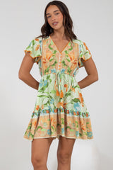 Loisa Mini Dress - Crochet Trim V Neck Dress with Cap Sleeves in Noriko Print