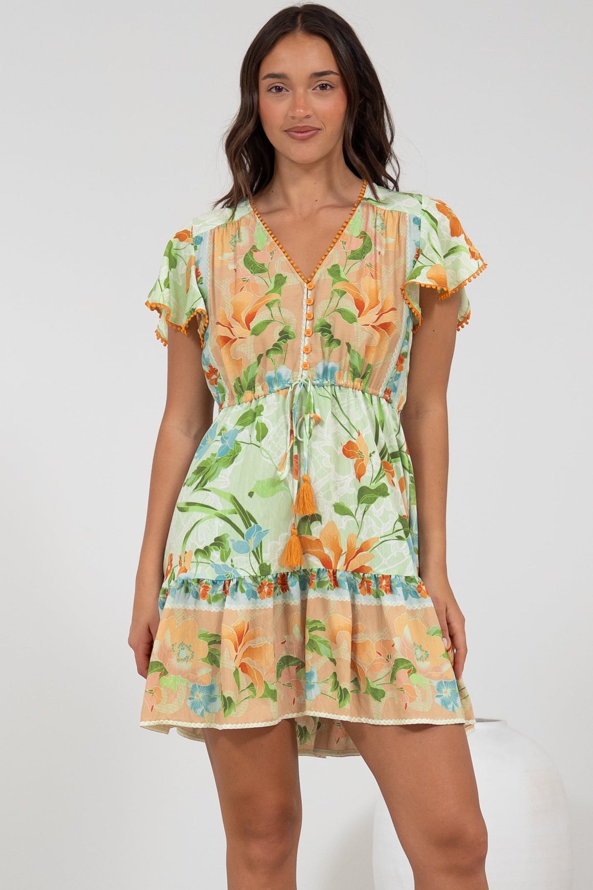Loisa Mini Dress - Crochet Trim V Neck Dress with Cap Sleeves in Noriko Print