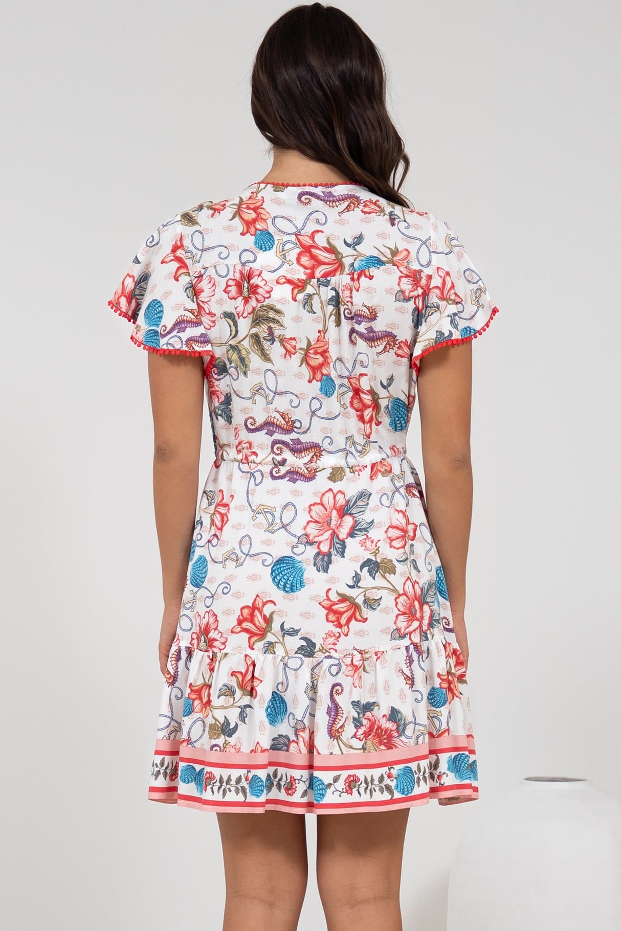 Loisa Mini Dress - Crochet Trim V Neck Dress with Cap Sleeves in Safia Print