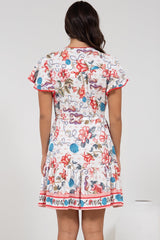 Loisa Mini Dress - Crochet Trim V Neck Dress with Cap Sleeves in Safia Print