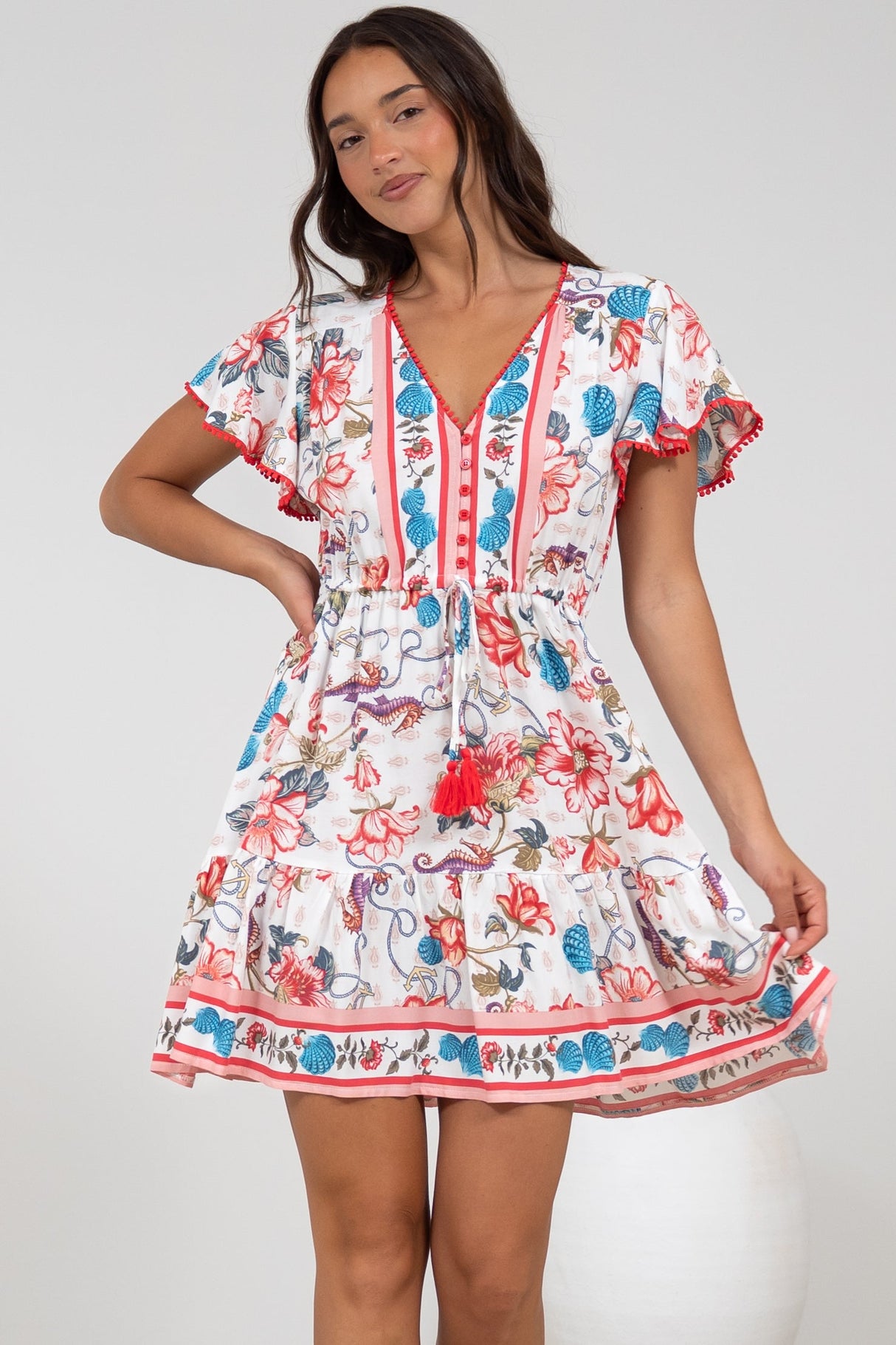 Loisa Mini Dress - Crochet Trim V Neck Dress with Cap Sleeves in Safia Print