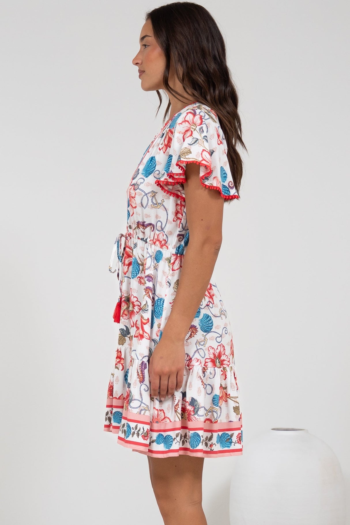 Loisa Mini Dress - Crochet Trim V Neck Dress with Cap Sleeves in Safia Print